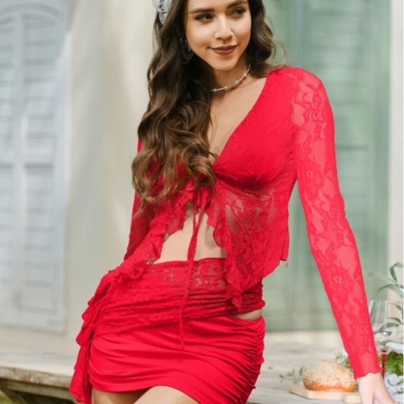 2 Piece Mini Skirt and Lace Top with Tie, Sold As Set, New, Size S - Picture 1 of 4